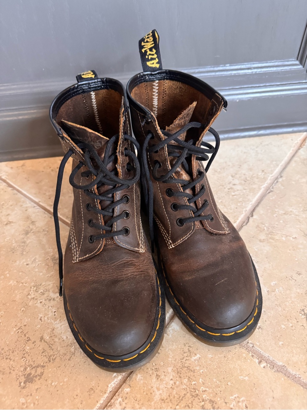 Dr. Martens 1460 Brown Leather Lace-Up Ankle Boots with Yellow Stitching